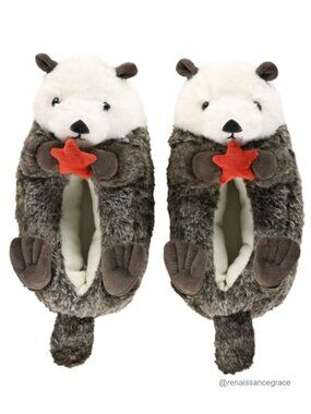 Lazy One Otter Critter Slippers Furry Nonslip Pull-On Cozy